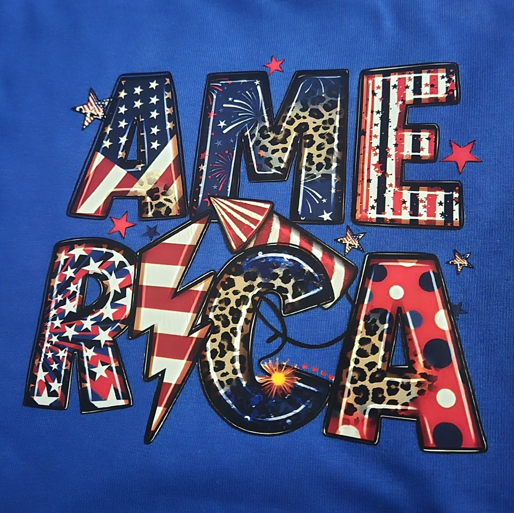 Blue Graphic T-Shirt with America Design. Red, White, and Blue. Fourth of July